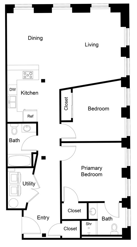 Floor plan for 2 beds, 2 baths, 1225 sqft